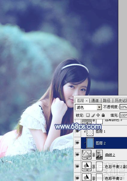 如何用Photoshop CC打造甜美梦幻的青蓝色草地美女图片