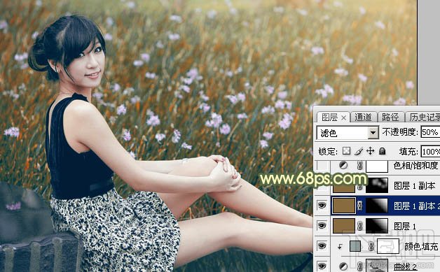 如何用Photoshop CC给草地上的美女加上古典暗调青黄色