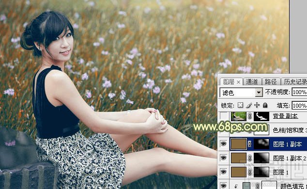 如何用Photoshop CC给草地上的美女加上古典暗调青黄色