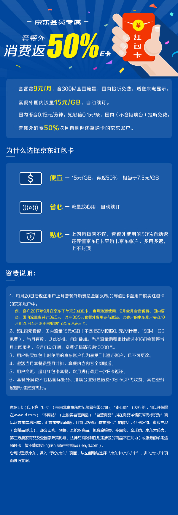 电信京东推出“京东红包卡”：套餐外消费返一半京东E卡