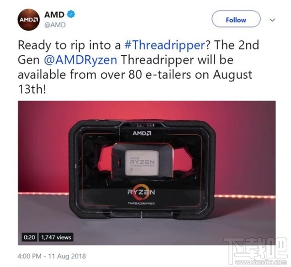 AMD 32核64线程撕裂者开卖时间宣布:8月13日